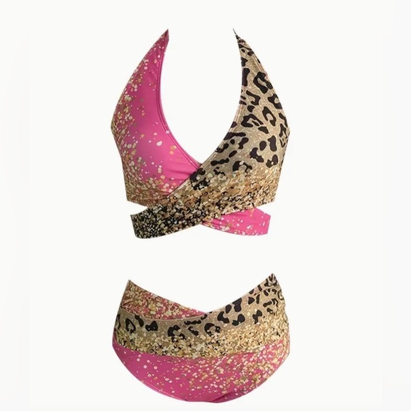 NWOT Fashion Womens 2pc Pink Leopard Print Surprise V-Neck Bikini Set Size 2XL - Picture 5 of 14